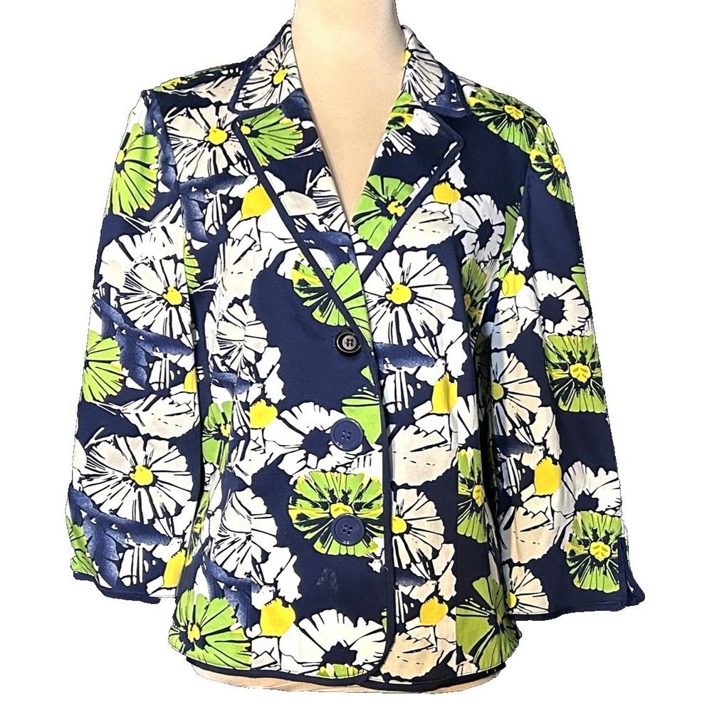 Vintage Vibrant Blue Floral Retro Jacket Blazer Size 10 Super Soft Cotton Blend